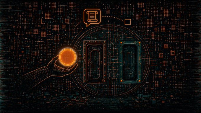 A pixelated digital illustration shows a hand holding a glowing orange coin before two circuit-board doors marked with a speech bubble, symbolizing a regulatory proposal or off-chain discussion. The image visually echoes the post's theme of Aave considering native Ethereum (ETH) as a regulated asset on its lending platform, with the coin representing ETH and the doors representing the conditional approval process that distinguishes on-chain DeFi from off-chain regulatory frameworks.