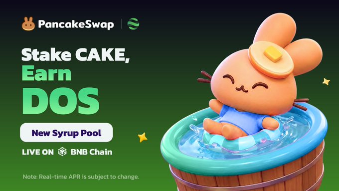 A PancakeSwap promotional graphic featuring an orange bunny mascot relaxing in a pool of water, advertising the new syrup pool to stake CAKE and earn DOS, live on BNB Chain.