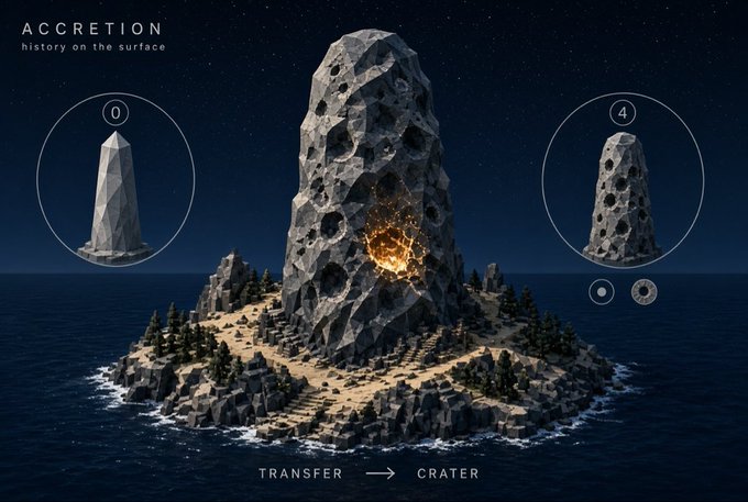 A digital artwork titled 'ACCRETION - history on the surface' showing a large cratered stone monolith on an island, with diagrams illustrating transformation stages labeled 0 and 4, captioned 'TRANSFER → CRATER'.