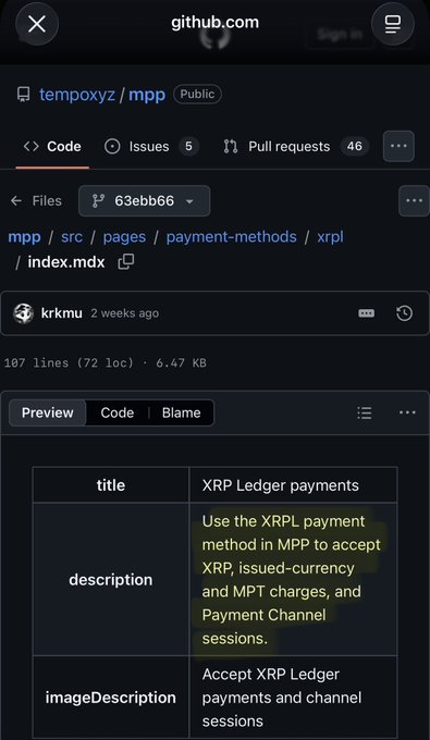 A GitHub commit by user "krkmu" shows a pull request in the "tempoxyz/mpp" repository, displaying an MDX file for XRP payment methods documentation. The file contains a table with "XRP Ledger payments" as the title and describes using XRPL payment methods to accept XRP, issued-currency, MPT charges, and Payment Channel sessions.