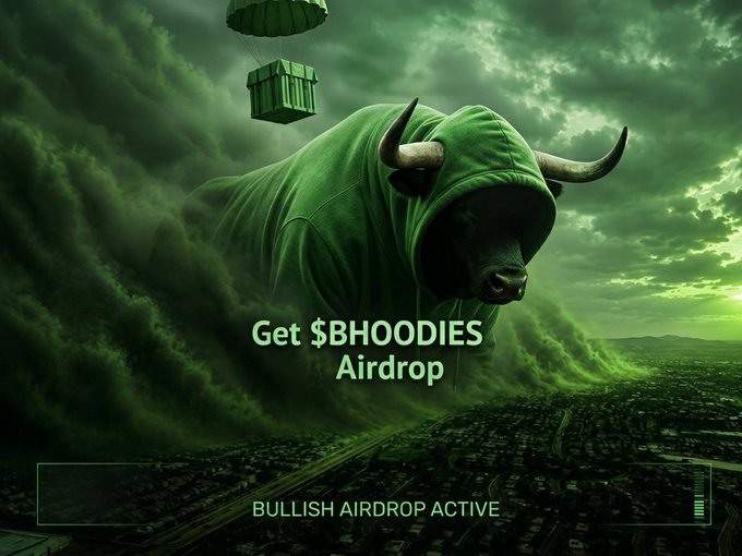 A massive green bull wearing a hoodie descends onto a city via parachute drop, promoting the "$BHOODIES Airdrop" with "BULLISH AIRDROP ACTIVE" displayed at the bottom, visually reinforcing the meme-style promotional post offering free tokens to the first 500 Solana wallets.