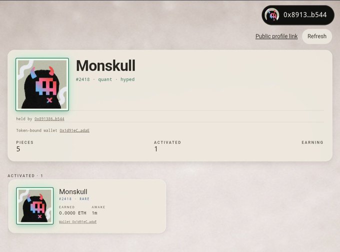 A NFT profile page showing a 'Monskull' collection (#2418) held by wallet 0x8913...b544, with 5 pieces and 1 activated.