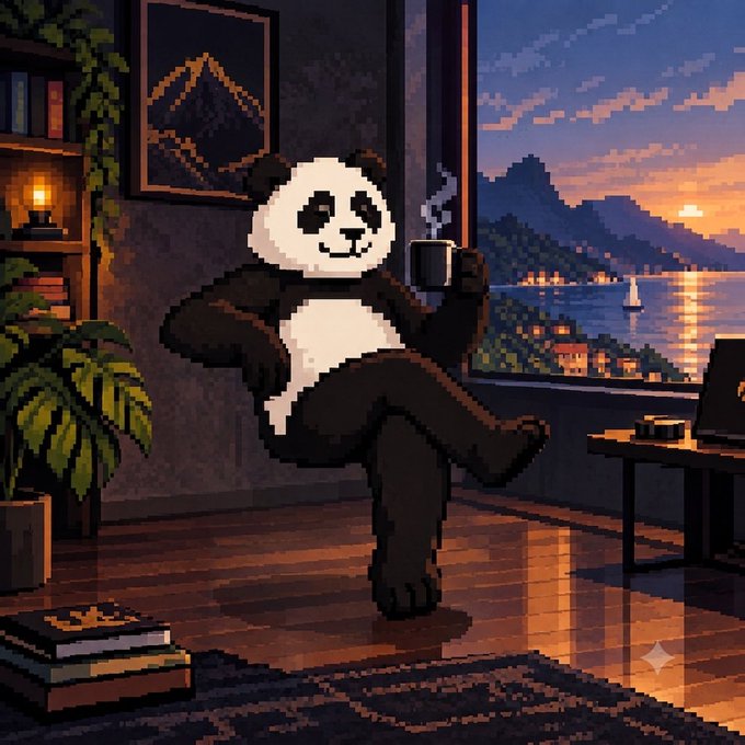 Pixel art illustration of an anthropomorphic panda relaxing in a chair while holding a steaming mug, with a sunset coastal scene visible through the window behind him.