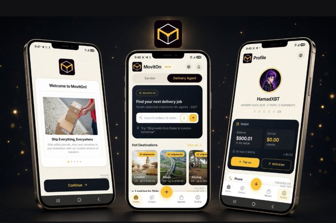 Marketing image displaying three smartphone screens for the 'MovitOn' app, featuring welcome messages, delivery job searches, hot destinations like London, Athens, and Abu Dhabi, and a user profile for 'HamadXBT' with a $900.01 wallet balance.