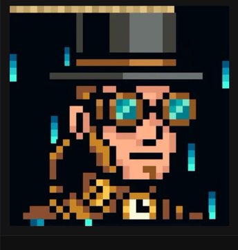 Pixel art of a man wearing sunglasses, smoking a pipe, wearing a top hat and a gold chain with a 'C' pendant, set against a dark background with blue rain streaks.