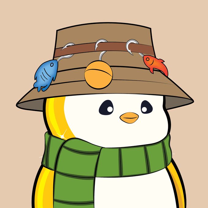 A cartoon penguin wearing a brown fishing hat decorated with a blue fish, a bell, and a red fish, along with a green striped scarf.