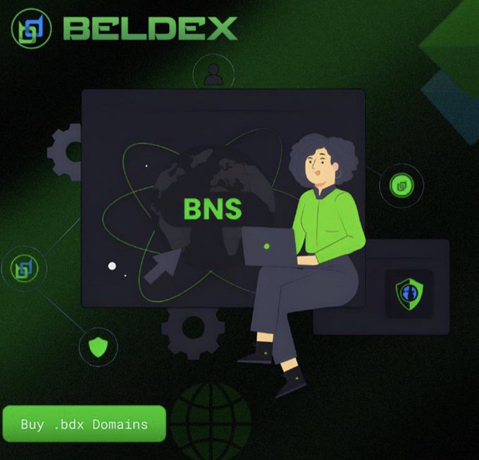 A dark-themed advertisement for BELDEX featuring an illustrated woman with a laptop, promoting BNS (.bdx) domain purchases.