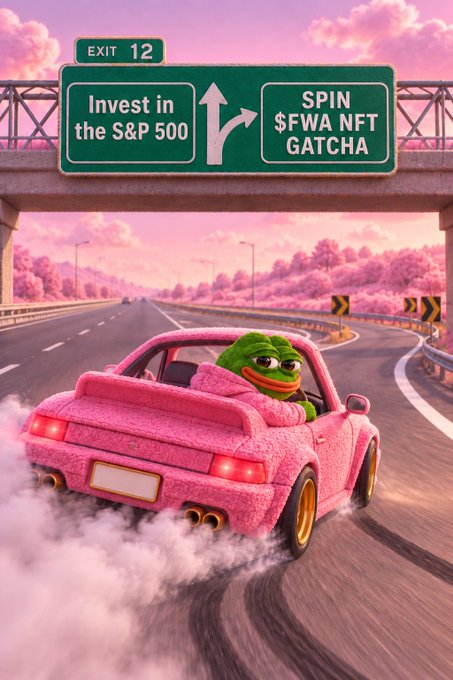A meme image of Pepe the Frog driving a pink fuzzy convertible under a highway sign offering two choices: 'Invest in the S&P 500' or 'SPIN $FWA NFT GATCHA.'