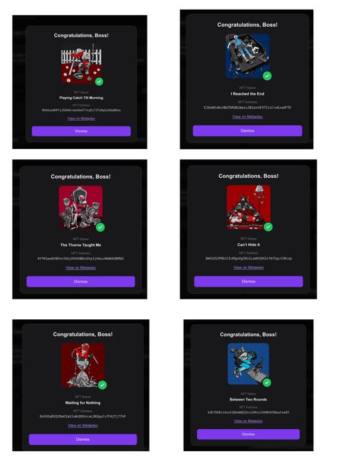 A grid of six NFT purchase confirmation screens titled 'Congratulations, Boss!' displaying various digital collectibles including 'Playing Catch Till Morning', 'I Reached the End', 'The Thomas Tonight Me', 'Can't Hide It', 'Waiting for Nothing', and 'Between Two Rounds'.