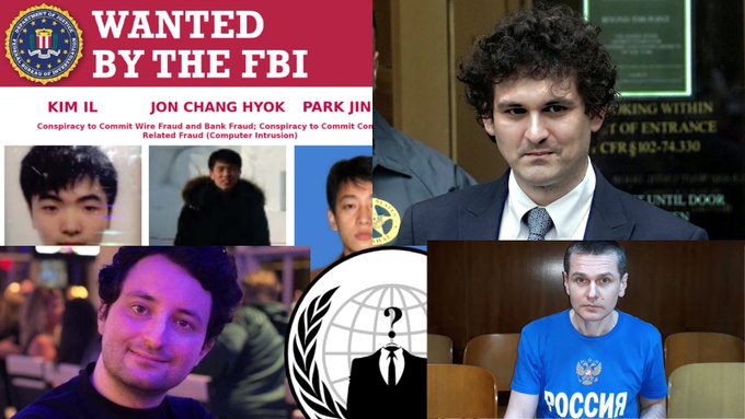 A collage featuring an FBI 'WANTED' poster for North Korean hackers Kim Il, Jon Chang Hyok, and Park Jin, alongside photos of Sam Bankman-Fried (in court and at an event) and a man wearing a blue 'РОССИЯ' (Russia) shirt.