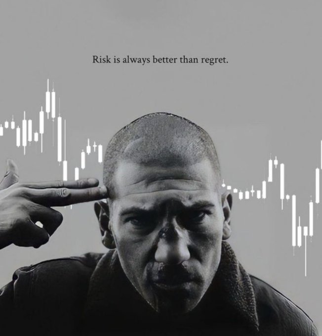 A black-and-white image shows a man with a buzzcut holding a gun to his head, overlaid with white candlestick chart graphics and the text 'Risk is always better than regret.'