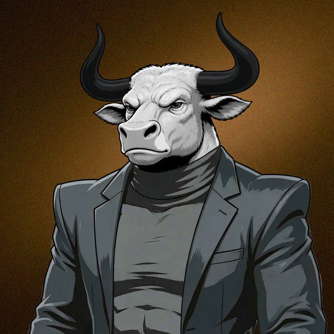 An illustrated portrait of a white bull-headed figure wearing a dark suit and turtleneck against a brown gradient background.