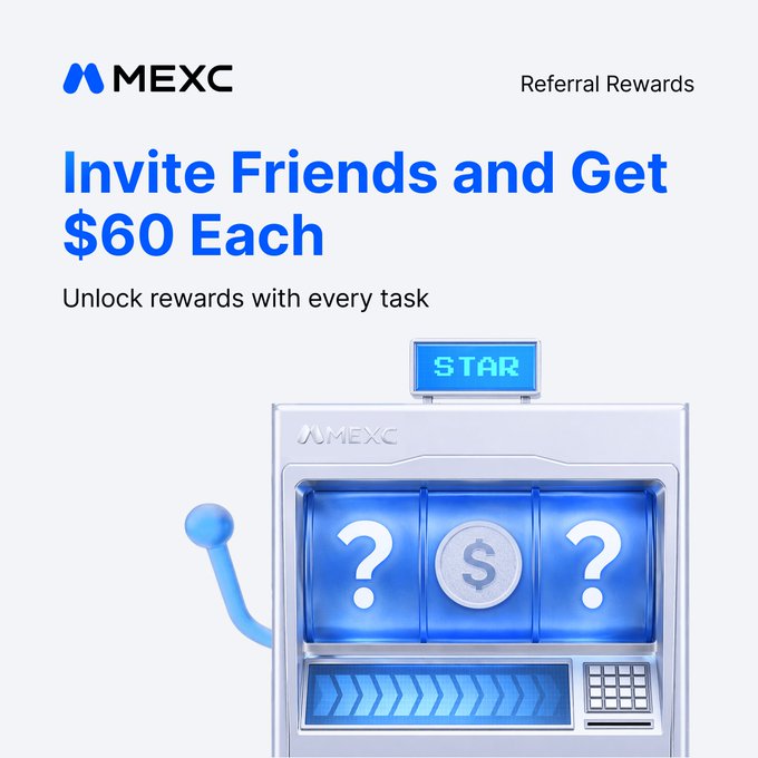 A promotional graphic for 'MEXC' displays 'Referral Rewards' with the text 'Invite Friends and Get $60 Each' above an illustration of a blue slot machine.