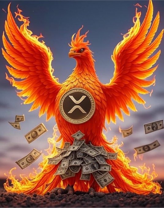 A digital illustration of a fiery orange and yellow phoenix rising from flames with spread wings, featuring an XRP logo medallion on its chest and surrounded by falling US dollar bills.