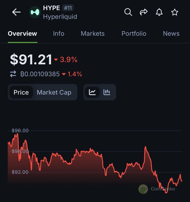 A cryptocurrency price tracking screenshot showing 'HYPE #11 Hyperliquid' at $91.21 with a 3.9% decline, featuring a red price chart from CoinGecko.