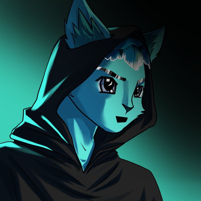 An anime-style digital illustration of a blue-furred anthropomorphic character wearing a dark hoodie against a teal gradient background.