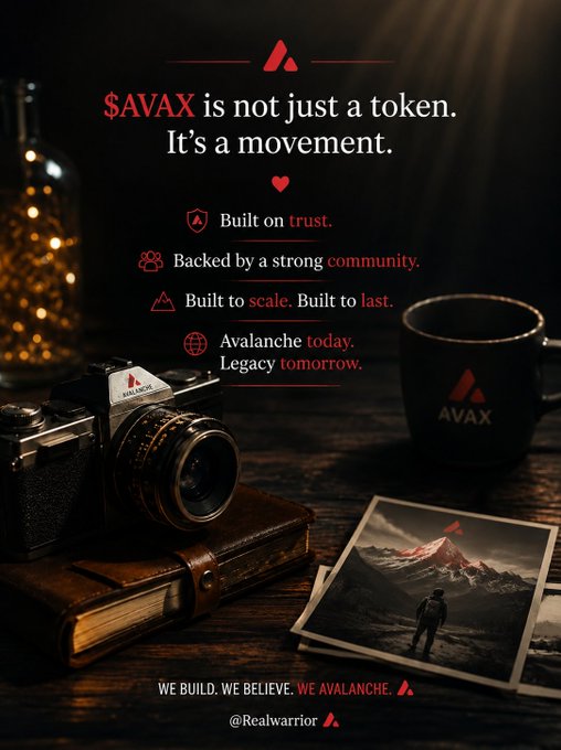 A promotional graphic for the cryptocurrency $AVAX featuring a camera, a mug with the Avalanche logo, and text stating '$AVAX is not just a token. It's a movement,' along with bullet points like 'Built on trust.' and 'Backed by a strong community.'