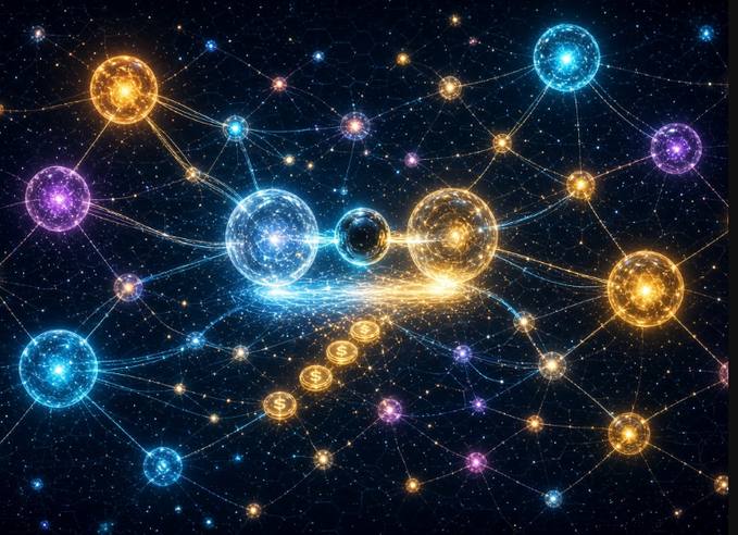 A network of glowing interconnected orbs floats in a starry cosmic space, with golden dollar sign symbols floating toward a central bright cluster, visualizing a web of AI agents transacting and building reputation across a decentralized marketplace like the one Termix is building.