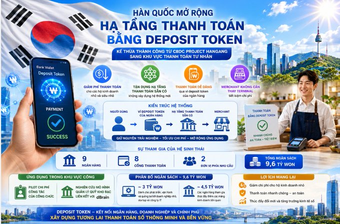 A promotional graphic in Vietnamese for South Korea's expansion of its CBDC payment infrastructure using 'Deposit Token' (HẠ TẦNG THANH TOÁN BẰNG DEPOSIT TOKEN), highlighting features like reduced payment fees and smart contract automation, with a total transaction volume of 9.6 trillion won.