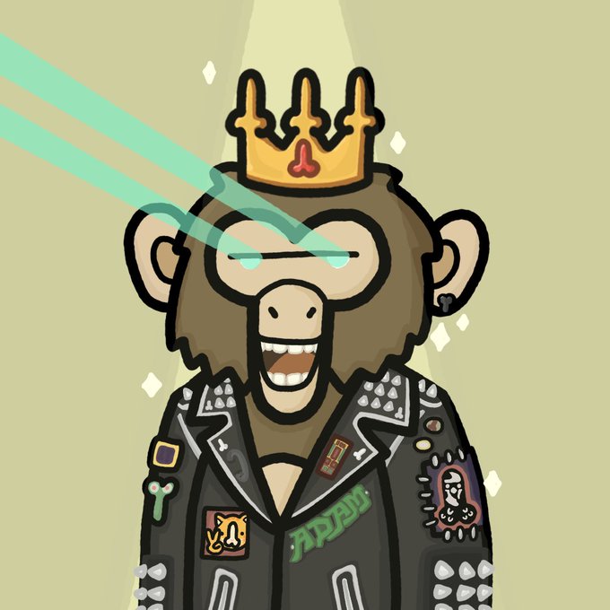 The image shows a cartoon monkey wearing a gold crown and a studded leather jacket adorned with patches and graffiti-style tags, with green laser beams shooting from its eyes—characteristic of Bored Ape Yacht Club NFT artwork. The monkey appears to be referencing AdamWeitsman, whose name is visible as graffiti on the jacket, tying into the post's discussion of his involvement in launching a new community.