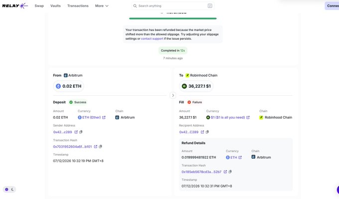 A screenshot of a cryptocurrency transaction on Relay showing a successful deposit of 0.02 ETH from Arbitrum and a failed withdrawal of 36,227.1 $1 to Robinhood Chain, with a message stating 'Your transaction has been refunded... Completed in 12s'.