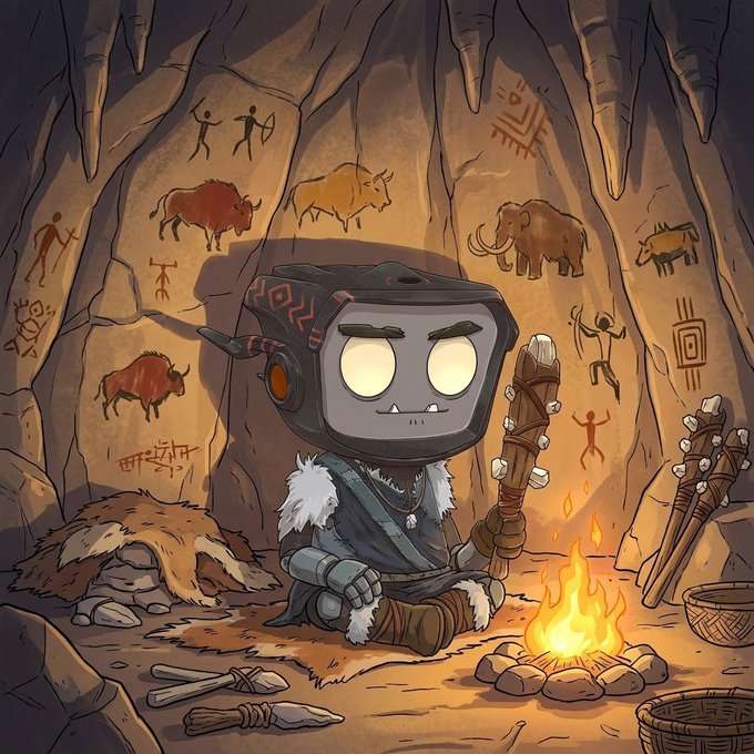 A digital illustration of a cartoon robot character dressed in tribal/furry clothing, sitting by a campfire in a cave adorned with primitive cave paintings of animals and human figures.