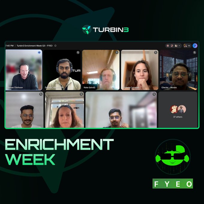 A video conference screenshot titled 'Turbin3 Enrichment Week Q3 - FYEO' showing 9 participants in a grid layout.