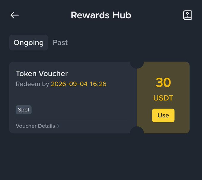 A cryptocurrency exchange Rewards Hub screen showing an ongoing Token Voucher for 30 USDT redeemable by 2026-09-04 16:26 for Spot trading, with a 'Use' button.
