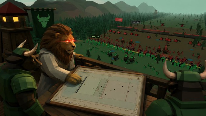 A screenshot from a video game showing a lion-like character with glowing red eyes reviewing a strategy map alongside viking-helmeted figures, overlooking a battlefield with red and green armies, with in-game currency values like '$45,216' visible.