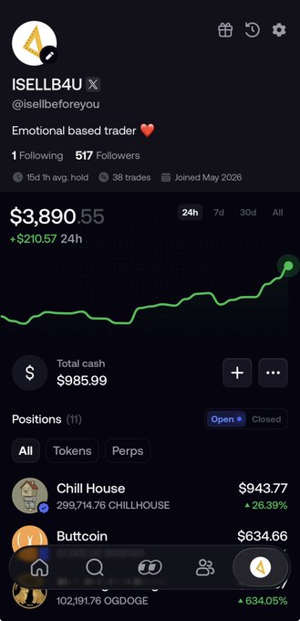 A screenshot of the iSELLB4U X profile showing a portfolio value of $3,890.55 (+$210.57 in 24h) with a green upward chart, highlighting a 26.39% gain on a "Chill House" (CHILLHOUSE) position, fitting the post's celebratory "we are all gonna make it" theme with the meme token.