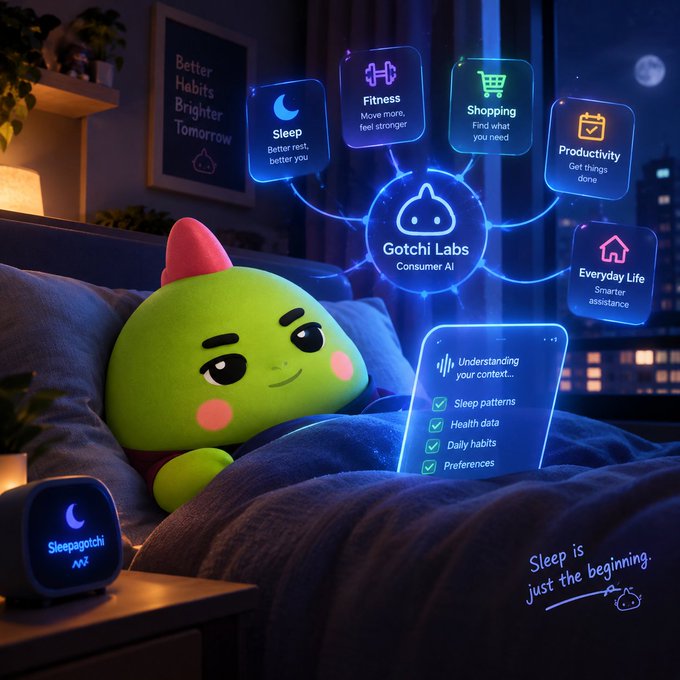 An AI-generated image shows a green plush creature in bed with floating holographic icons labeled "Gotchi Labs Consumer AI" featuring categories like Sleep, Fitness, Shopping, Productivity, and Everyday Life.