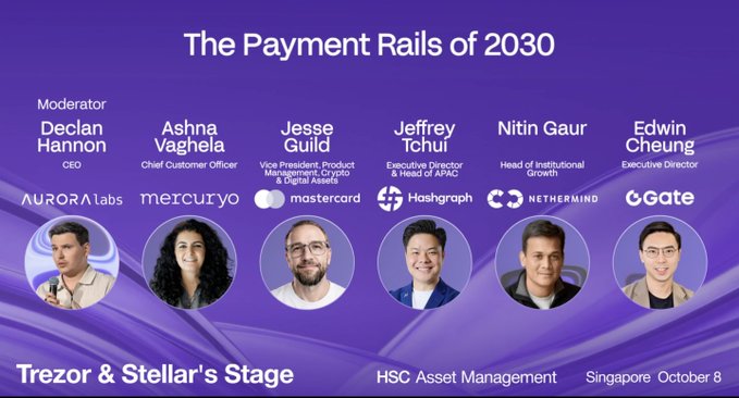 The image is a promotional banner for "The Payment Rails of 2030" panel at HSC Asset Management in Singapore on October 8, moderated by Declan Hannon (CEO, Aurora Labs) and featuring panelists Ashna Vaghela (Mercuryo), Jesse Guild (Mastercard), Jeffrey Tchui (Hashgraph), Nitin Gaur (Nethermind), and Edwin Cheung (Gate), which directly supports the post announcing Jeffrey Tchui's participation alongside leaders from Mastercard, Mercuryo, Nethermind, Gate, and Aurora.