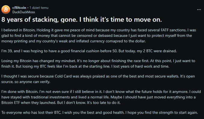 A Reddit post from r/Bitcoin by user DuckDuckMoss titled '8 years of stacking, gone. I think it's time to move on,' describing the loss of 2 BTC and expressing disillusionment with Bitcoin and Cold Card wallets.