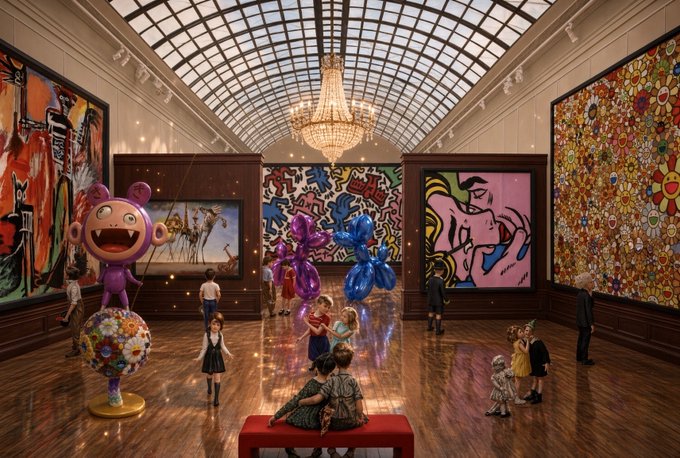 A grand museum hall with a vaulted glass ceiling and chandelier, displaying colorful artworks on the walls and featuring sculptures including a large purple bear-like figure and balloon dogs, with visitors observing the exhibits.