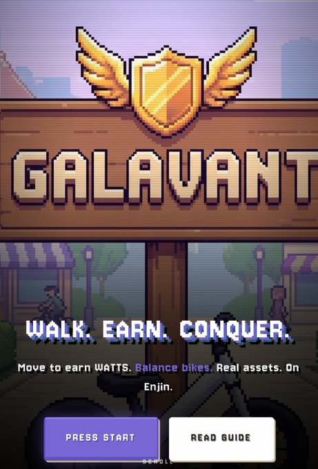 A pixel-art styled app screen titled 'GALAVANT' with the tagline 'WALK. EARN. CONQUER.' promoting move-to-earn WATTS rewards.