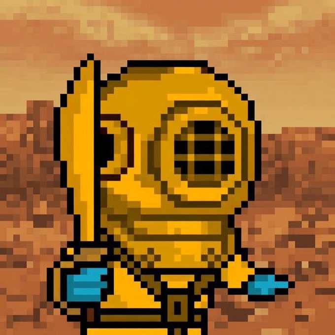 Pixel art of a yellow astronaut or character with a helmet visor and cyan gloves against an orange pixelated background.