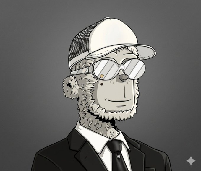 A black-and-white digital illustration features an anthropomorphic monkey dressed in a suit, tie, trucker hat, and shutter shades, with a small sparkle graphic in the corner.