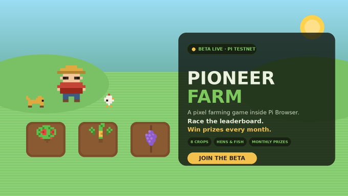 The image features a poster for a farming game called Pioneer Farm, which has been described as a pixel farming game inside a browser. The poster includes a photo of a man wearing a straw hat standing next to a field with a dog nearby. There are also three small squares on the poster displaying different elements from the game. The text in the image reads "Người dùng $PI đã sẵn sàng tham gia tựa game này chưa".