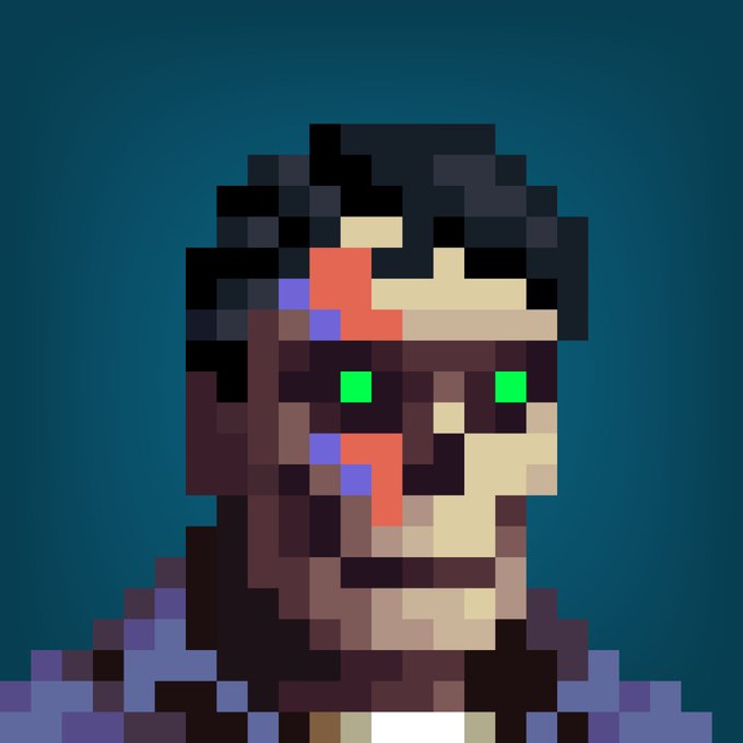 A pixel art portrait of a man with dark hair and bright green eyes, featuring colorful scar-like markings in red, purple, and black across his face against a dark blue background.