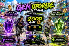 The image features a poster for a video game called "Stepn Gem Upgrade Challenge". The poster displays two characters, one wearing a green shirt and the other wearing a purple shirt, running towards each other with their arms outstretched as if they are about to hug or embrace. They are surrounded by various gemstones in different colors such as purple, green, yellow, and blue.

The poster also includes text that reads "Complete all 4 challenges and get a chance to win from the 2,000 $GMT prize pool Challenge links are in the comments #WalkToWinSTEPN @B10urr @Mia669999 #STEPN #STEPNGO". This suggests that there is an online challenge or competition related to the game, where players need to complete specific tasks or challenges to win a cash prize.