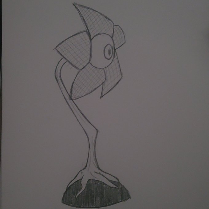 A pencil sketch of a plant-like creature with a pinwheel-shaped head, a single eye, a slender curving stem, and roots anchored to a mound.