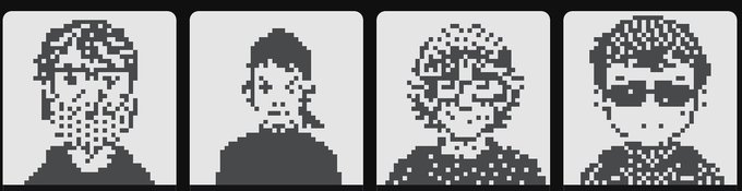 Four pixel-art style portrait icons of characters with different hairstyles and accessories arranged in a row.