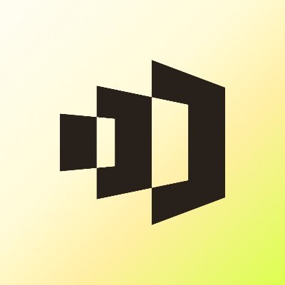 A minimalist logo featuring three nested black trapezoidal shapes resembling abstract doors or windows, set against a pale yellow gradient background.