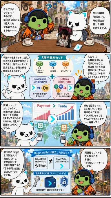 A Japanese-language comic strip featuring a white cat character and a green character explaining "Bitget Wallet" and its features like 3-layer fee-free card payments and on-chain transactions across multiple panels.