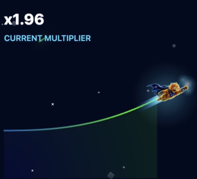 A cropped view of the same crash gambling game interface, showing the 'CURRENT MULTIPLIER' of x1.96 and a character with a cape flying along an upward curve in space.