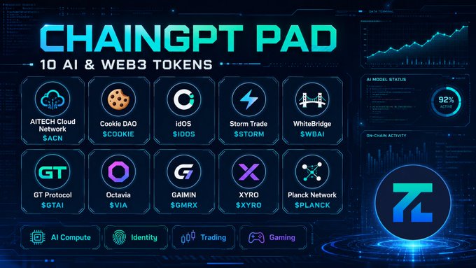A promotional graphic for 'CHAINGPT PAD' advertises 10 AI & Web3 tokens including AITECH Cloud Network ($ACN), Cookie DAO ($COOKIE), idOS ($IDOS), Storm Trade ($STORM), WhiteBridge ($WBAI), GT Protocol ($GTAI), Octavia ($VIA), GAIMIN ($GMRX), XYRO ($XYRO), and Planck Network ($PLANCK), alongside categories like AI Compute, Identity, Trading, and Gaming.
