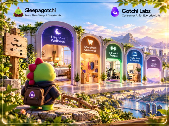 A promotional graphic for 'Sleepagotchi' by Gotchi Labs, featuring the tagline 'More Than Sleep. A Smarter You.' and 'Consumer AI for Everyday Life,' with sections labeled Health & Wellness, Shopping & Commerce, Fitness & Exercise, Productivity & Daily Life, and More to Follow, alongside a sign reading 'One Vertical at a Time.'
