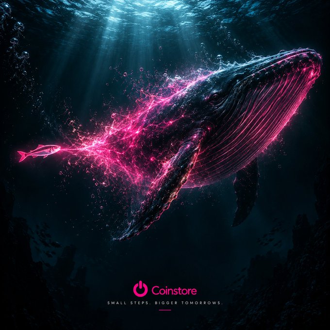 Digital artwork showing a whale underwater being transformed or illuminated with vibrant pink/magenta energy, with a small fish trailing pink light; includes the logo 'Coinstore' and tagline 'SMALL STEPS. BIGGER TOMORROWS.'