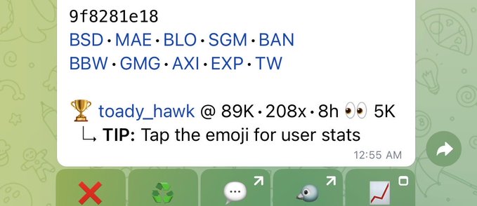 A screenshot of a Telegram chat shows a user 'toady_hawk' sharing a list of stock tickers including 'BSD, MAE, BLO, SGM, BAN, BBW, GMG, AXI, EXP, TW' with a tip about emoji stats.