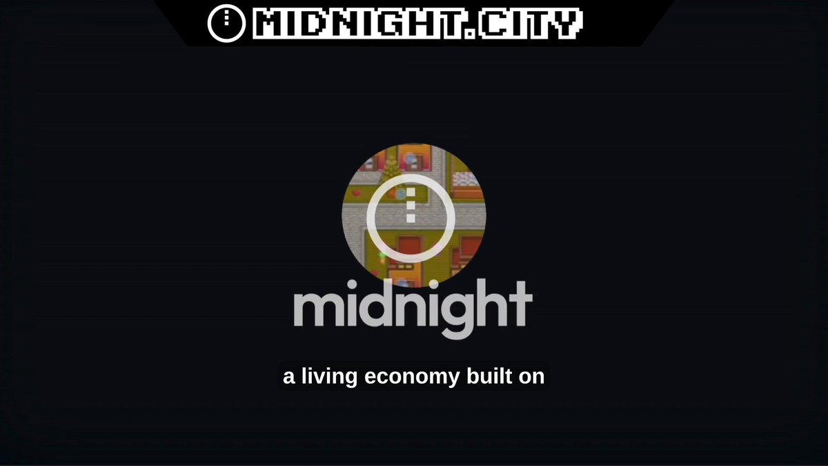 The image shows a poster for an online game called "Midnight City" featuring a large circle with a cartoon character holding a lighted lantern, surrounded by text reading "Midnight.City", "A living economy built on Rational Privacy in motion". The central focus is a video of the character navigating through various scenes within Midnight City to generate real transactions and activity for its AI agents. The game appears to be a unique blend of economic simulation and interactive gameplay designed around the theme of midnight city, with characters representing AI agents throughout the city.